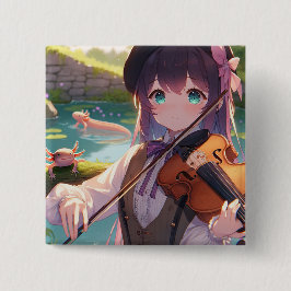 Bóton Quadrado 5.08cm Anime Girl tocando violino e Axolotls