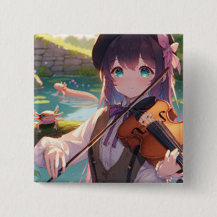 Bóton Quadrado 5.08cm Anime Girl tocando violino e Axolotls