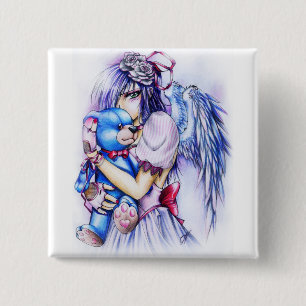 Bóton Quadrado 5.08cm Anime Gótico Menina Anjo Rosa Com Teddy