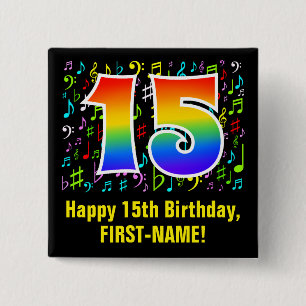 Bóton Quadrado 5.08cm Aniversário de 15 anos: Símbolos Coloridos de Músi