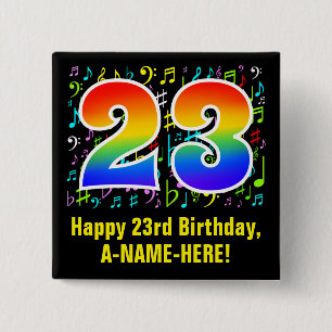 Bóton Quadrado 5.08cm Aniversário de 23 anos: Símbolos Coloridos de Músi