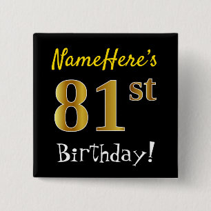 Bóton Quadrado 5.08cm Aniversário Preto, Faux Dourado 81ruas, Com Nome