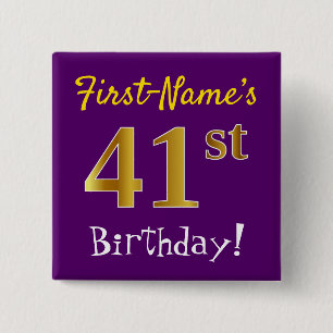 Bóton Quadrado 5.08cm Aniversário Roxo, Faux Dourado 41 ruas, Com Nome