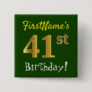 Bóton Quadrado 5.08cm Aniversário Verde, Faux Dourado 41 ruas, Com Nome