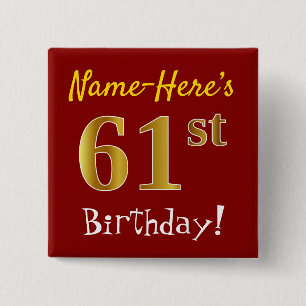 Bóton Quadrado 5.08cm Aniversário Vermelho, Faux Dourado 61 ruas, Com N