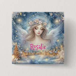 Bóton Quadrado 5.08cm Anjo de Neve de Gelo Etéreo de Aquarela Azul Festi