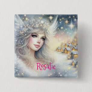 Bóton Quadrado 5.08cm Anjo de Neve Festivo Branco com Aquarela Etérea e