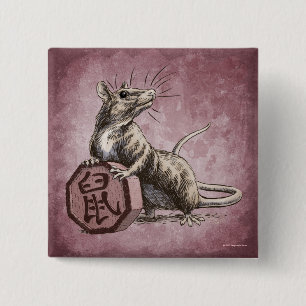 Bóton Quadrado 5.08cm Ano da arte chinesa do zodíaco do rato