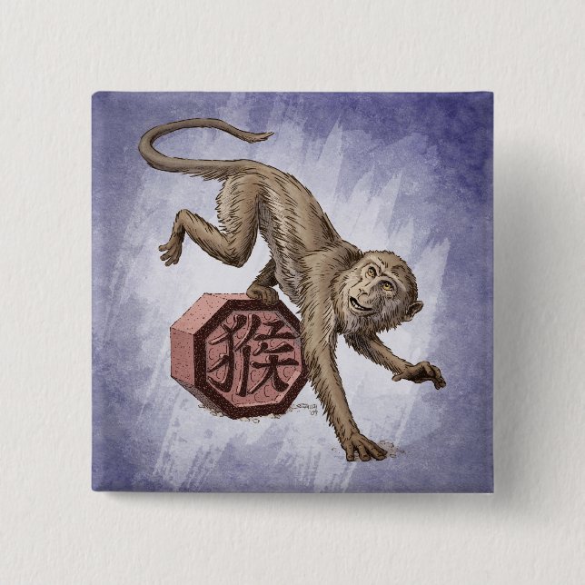 Bóton Quadrado 5.08cm Ano da Arte Zodiaca Chinesa Macaco (Frente)