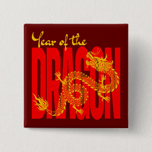 Bóton Quadrado 5.08cm Ano do Dragão Vermelho Dourado