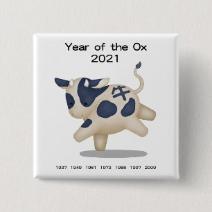 Bóton Quadrado 5.08cm Ano do Ox Cute Zodiac Animal 2021