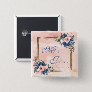 Bóton Quadrado 5.08cm Aquarela Azul Marinho e Rosa Casamento