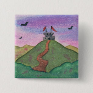 Bóton Quadrado 5.08cm Aquarela, Pintura, Natureza, Fortaleza, Castelo