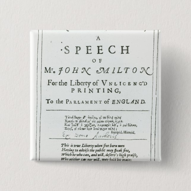 Bóton Quadrado 5.08cm Areopagitica um discurso de John Milton (Frente)