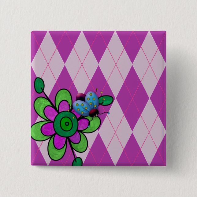 Bóton Quadrado 5.08cm Argyle Ladybug e Flor Roxo (Frente)
