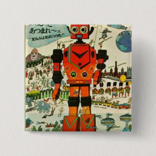 Bóton Quadrado 5.08cm Arte asiática retro do impressão do robô