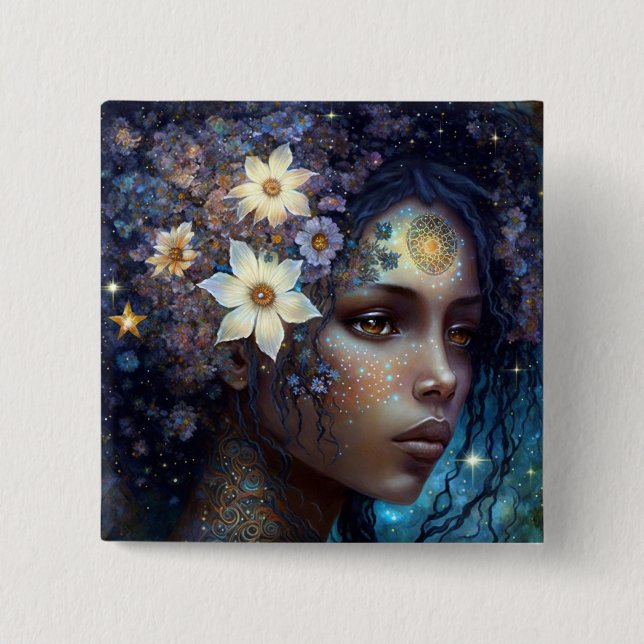 Bóton Quadrado 5.08cm Arte da Rainha Fantasia, Deusa Negra Africana (Frente)