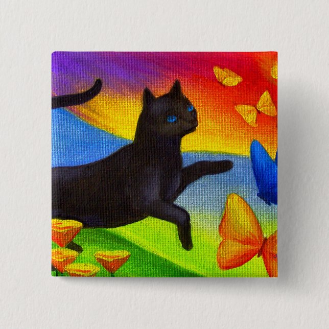 Bóton Quadrado 5.08cm Arte das borboletas da pintura do gato preto - (Frente)
