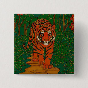 Bóton Quadrado 5.08cm Arte de Cloisonne Tigre no Caminho da Selva