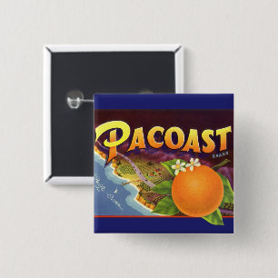 Bóton Quadrado 5.08cm Arte de rótulo de caixa de frutas vintage, laranja