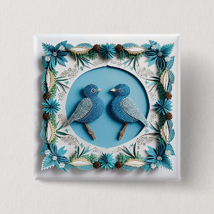 Bóton Quadrado 5.08cm Arte em Papel de Pássaros Azuis
