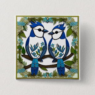 Bóton Quadrado 5.08cm Arte em papel de pássaros Azuis-Grivos