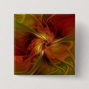 Bóton Quadrado 5.08cm Arte Floral Fractal Abstrata Vermelho Laranja Marr