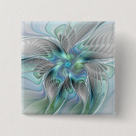 Bóton Quadrado 5.08cm Arte fractal de fantasia de borboleta azul verde a