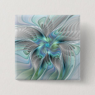 Bóton Quadrado 5.08cm Arte fractal de fantasia de borboleta azul verde a