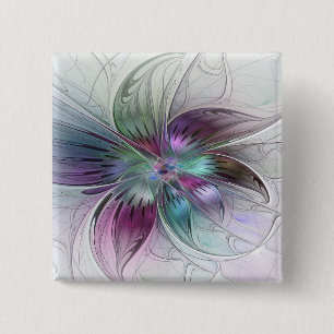 Bóton Quadrado 5.08cm Arte Fractal Moderna Floral Colorida Abstrato