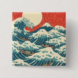 Bóton Quadrado 5.08cm Arte Japonesa Retro da Grande Onda de Hokusai