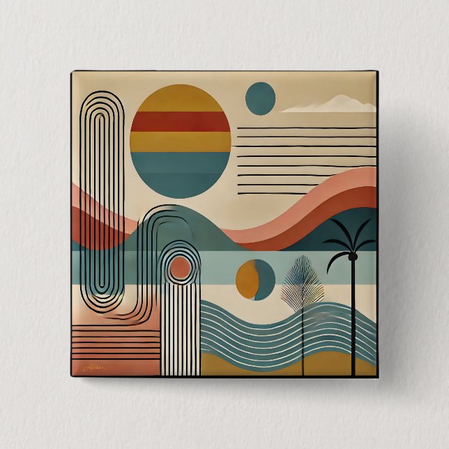 Bóton Quadrado 5.08cm Arte Moderna de Meados do Século Pôr do Sol na Pra (Frente)