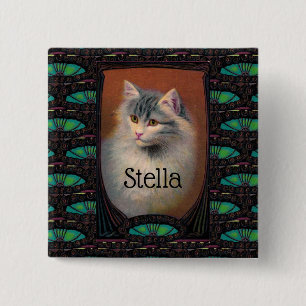 Bóton Quadrado 5.08cm Arte novo ilustração de gato vintage elegante