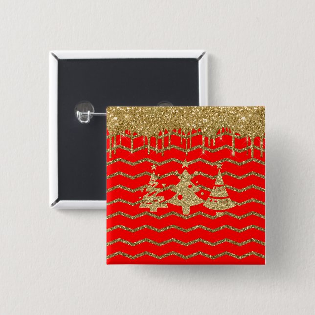 Bóton Quadrado 5.08cm Árvore de natal com brilho vermelho (Frente & Verso)