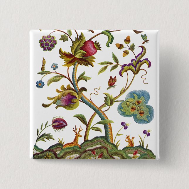 Bóton Quadrado 5.08cm Árvore de Vida do Bordado de Crewel Jacobean (Frente)