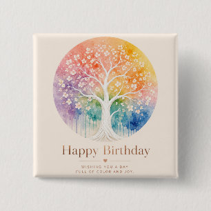 Bóton Quadrado 5.08cm Árvore Florida Arco-íris Aniversário Alegria