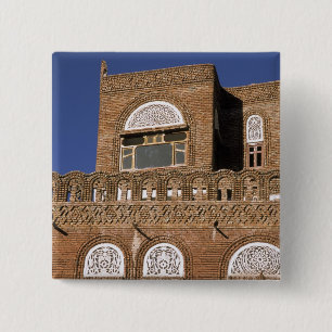 Bóton Quadrado 5.08cm Ásia, Iêmen, Sana'a. Detalhe da arquitetura iemeni