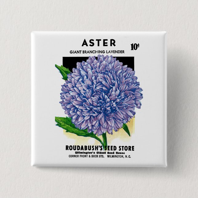 Bóton Quadrado 5.08cm Aster Vintage Seed Packet (Frente)