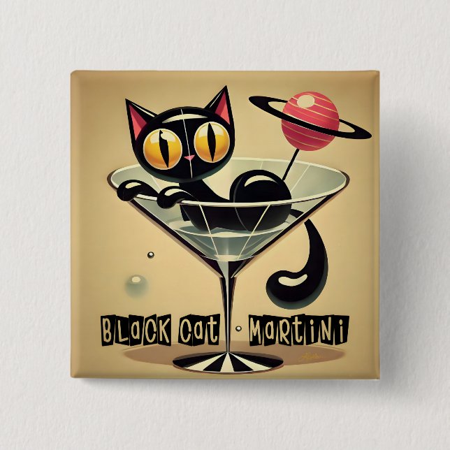 Bóton Quadrado 5.08cm Atomic Futuristic Space Age Black Cat Martini (Frente)
