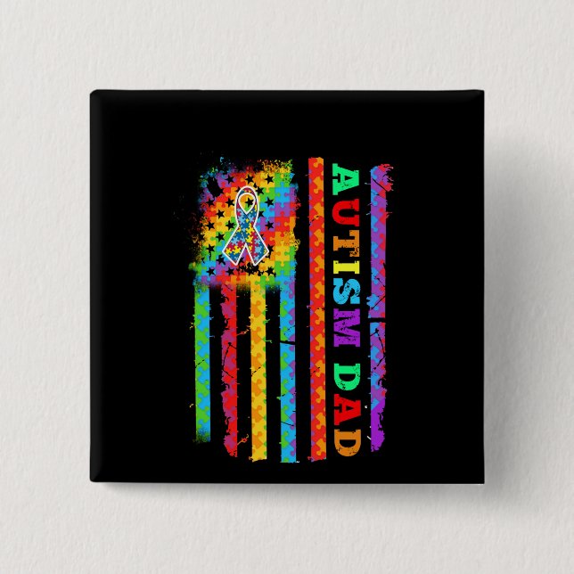 Bóton Quadrado 5.08cm Autista | Pai autista Autism EUA Bandeira (Frente)