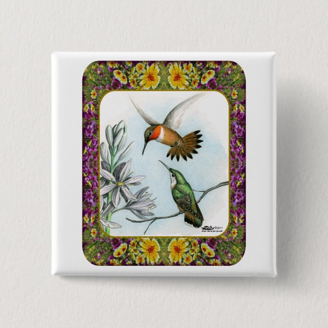 Bóton Quadrado 5.08cm Aves e Flores Hummingbird 2 (Frente)