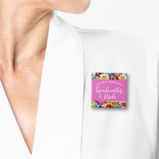 Bóton Quadrado 5.08cm AVÓ DA BRIDE Spring Flowers Casamento (GRANDMA / GRANDMOTHER OF THE BRIDE Colorful Spring Flowers Garden Wedding Pin Button @ fat_fa_tin)