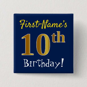 Bóton Quadrado 5.08cm Azul, Faux Dourado 10º Aniversário, Com Nome Perso