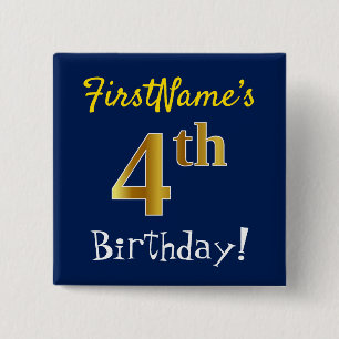 Bóton Quadrado 5.08cm Azul, Faux Dourado 4º aniversário, com nome person