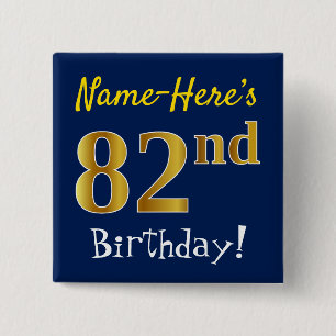 Bóton Quadrado 5.08cm Azul, Faux Dourado 82º Aniversário, Com Nome Per
