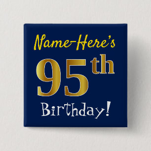 Bóton Quadrado 5.08cm Azul, Faux Dourado 95.º Aniversário, Com Nome Pers