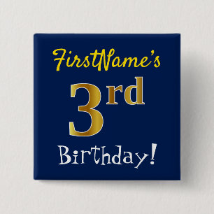 Bóton Quadrado 5.08cm Azul, Faux Dourado aniversário de 3 anos, Com Nom
