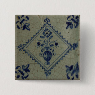 Bóton Quadrado 5.08cm Azulejo azul de Delft - vaso com flores e buquê