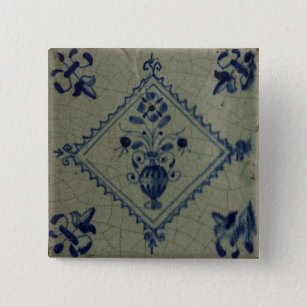 Bóton Quadrado 5.08cm Azulejo azul de Delft - vaso com flores e buquê