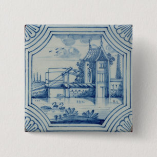 Bóton Quadrado 5.08cm Azulejo de Delft que mostra um drawbridge sobre um